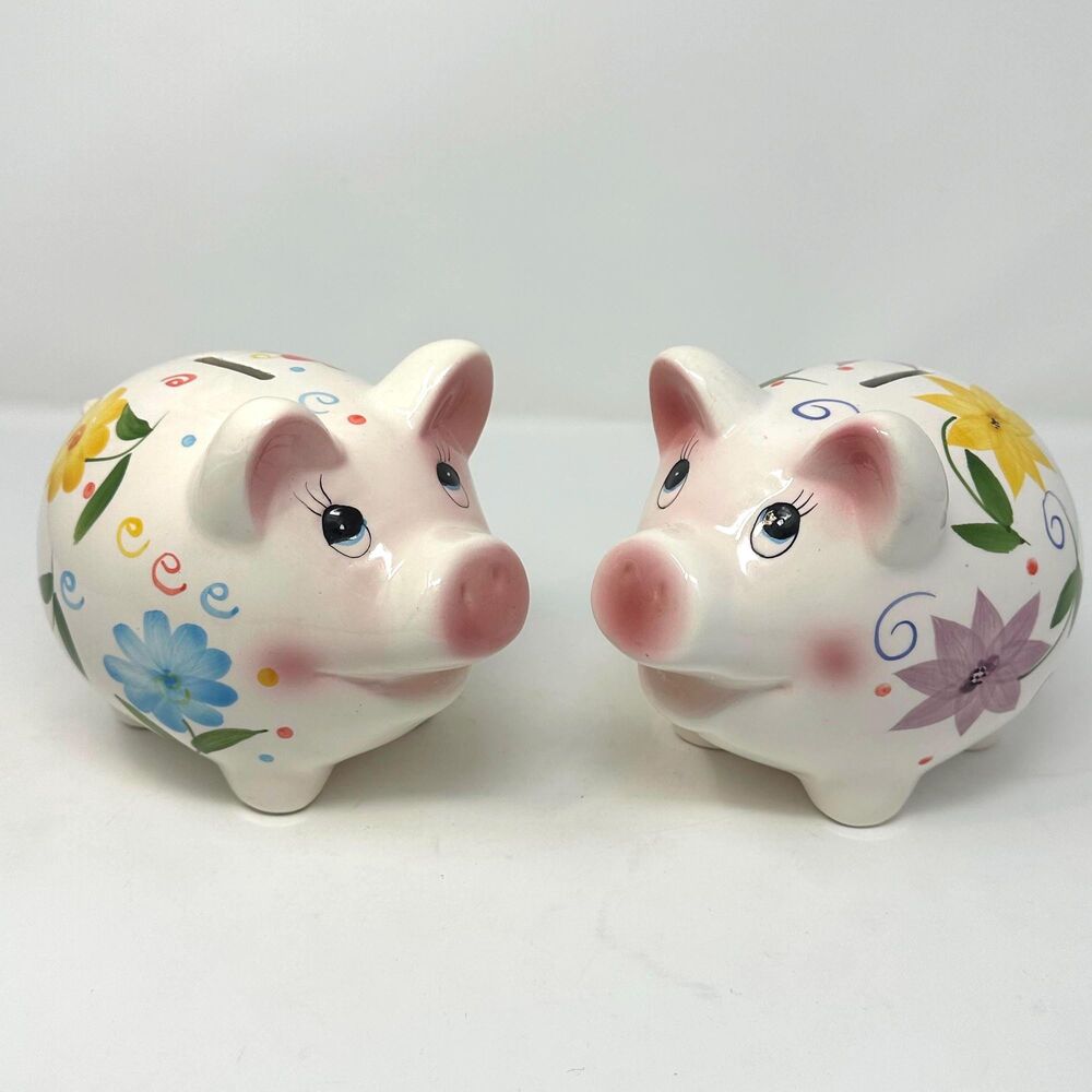 Pair of Vintage Hand-Painted Ceramic Piggy Banks, Floral Design, 5.5" Tall, Coll